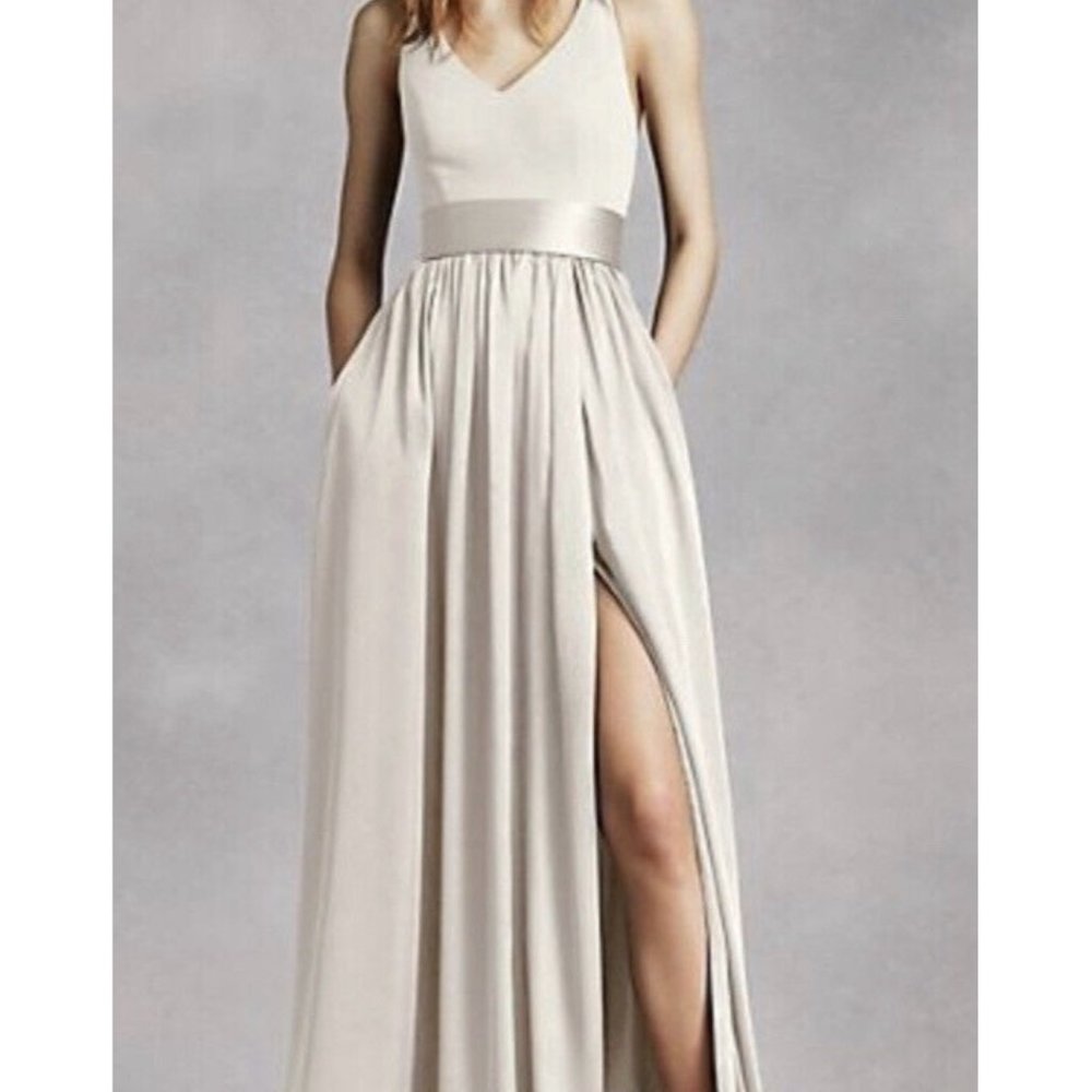 | White by Vera Wang | Halter V-Neck Bridesmaids Dress with Sash - Size 0